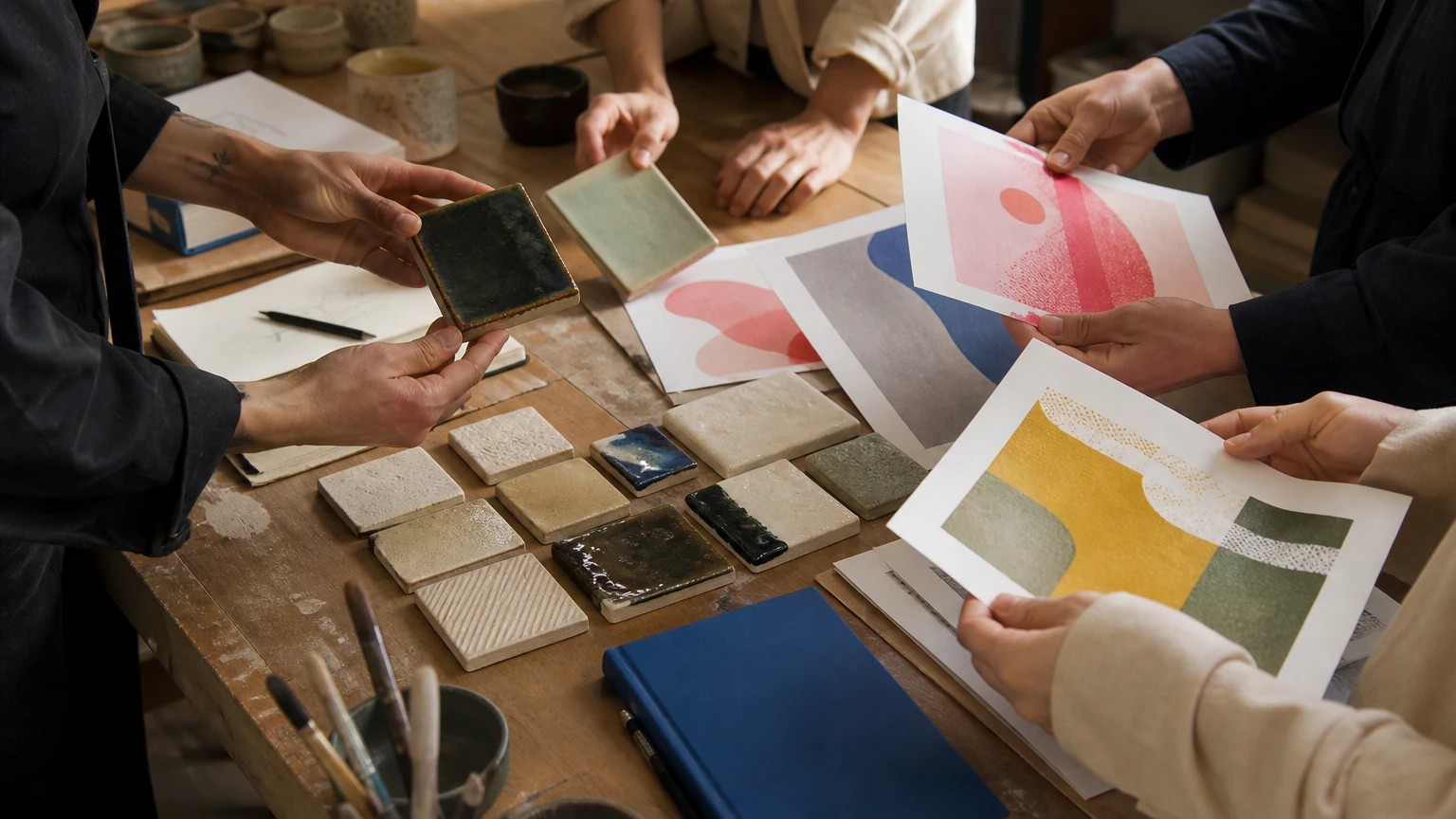 Members comparing work across a shared studio worktable